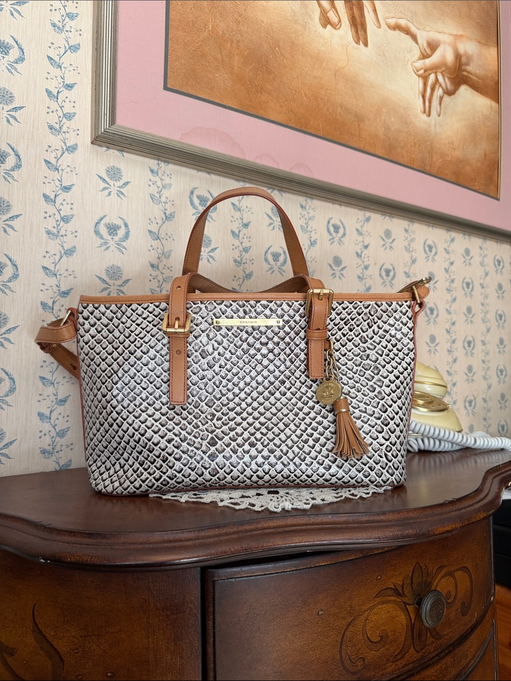 Brahmin White and Brown Embossed Leather Tote